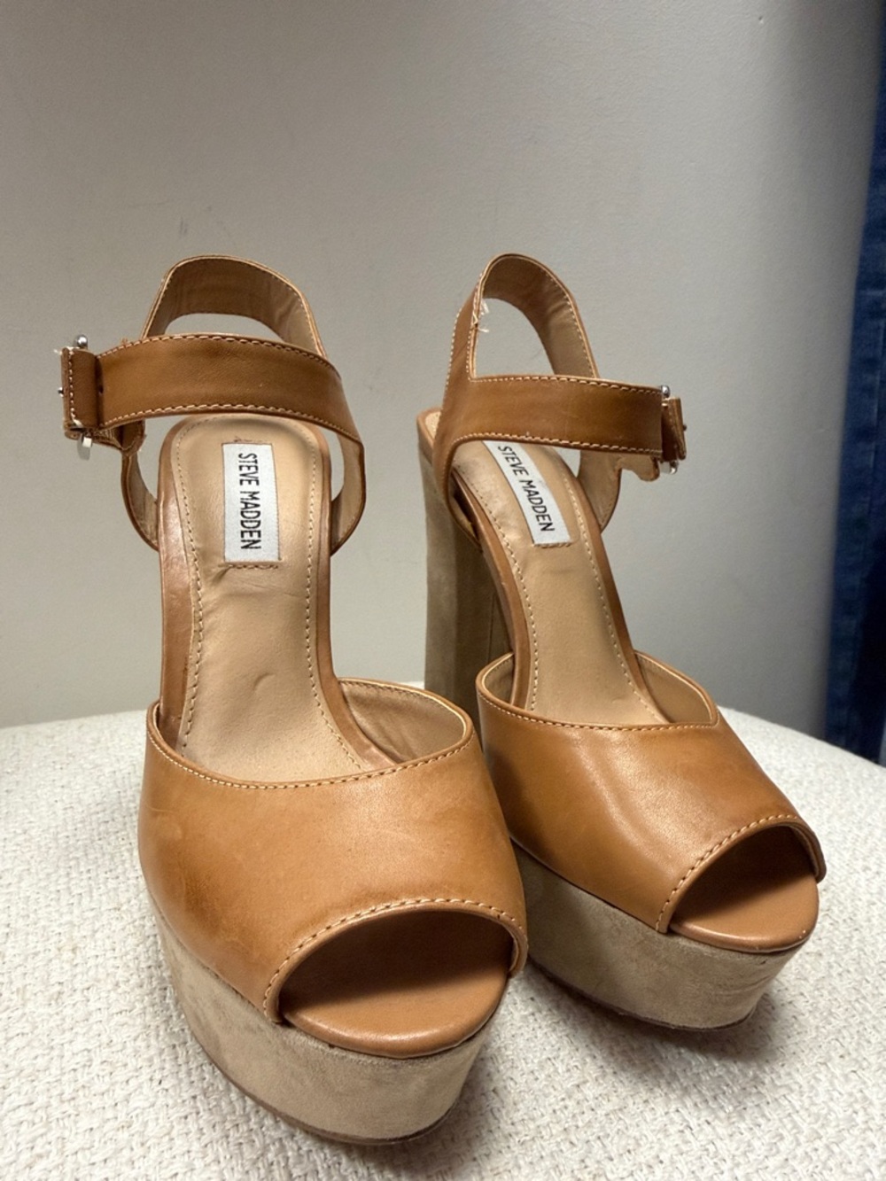 Steve Madden Cognac Leather Platform Peep-Toe Sandals